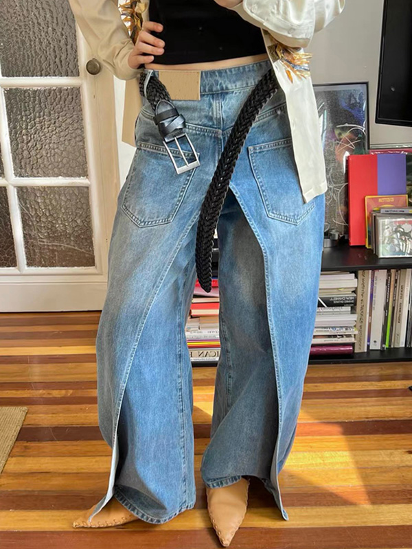 Pockets Reversible False Two Wide Leg Jean Pants Bottoms