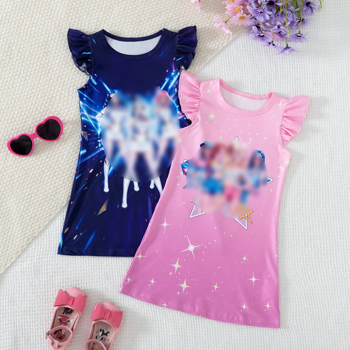 Spring Summer Girls' Sleeveless Casual Dress Set, Cute Cartoon Pattern, Comfortable Soft Fabric, Perfect for Daily Wear