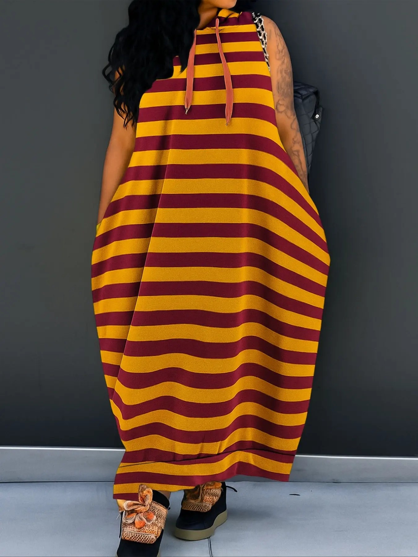 Women's Plain Drawstring Hoodie Tank Dress with Pocket for Summer