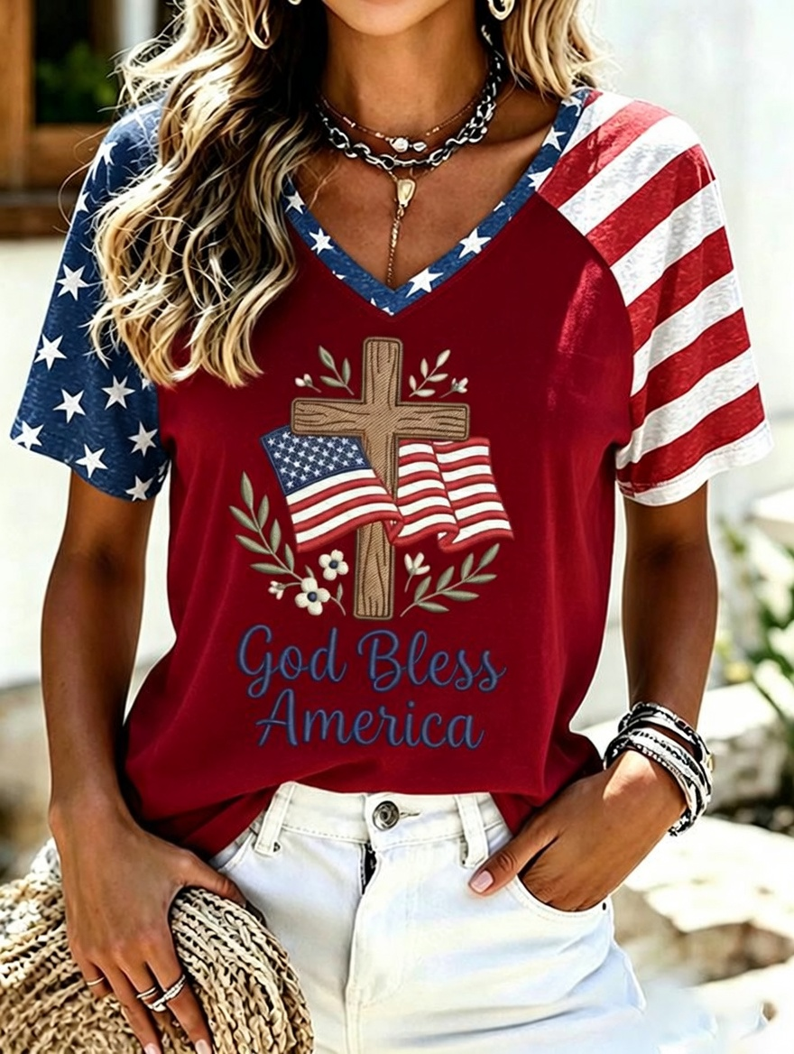 Women'S Retro Independence Day Printed Casual Short Sleeved T-Shirt