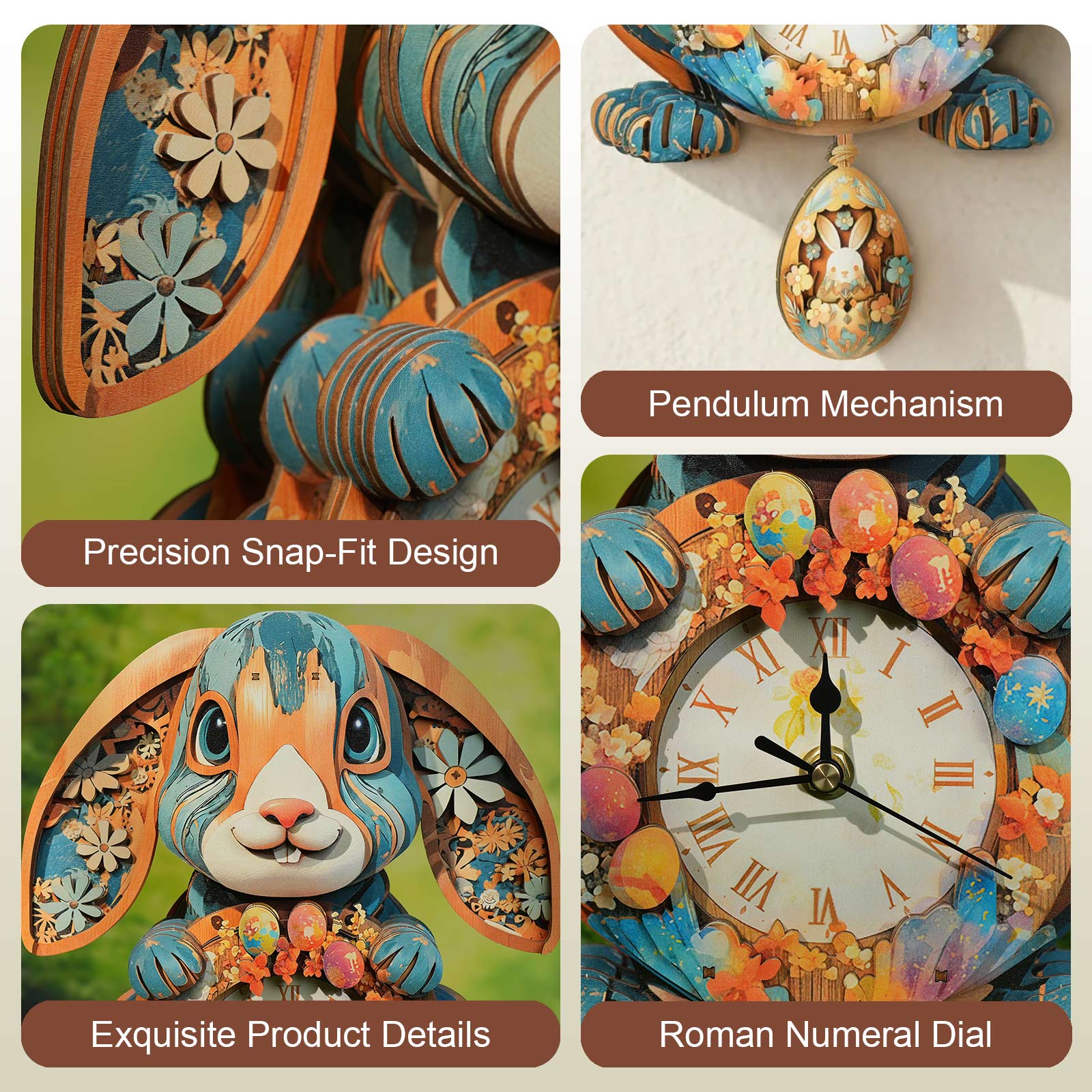 RabbitDIY Wooden Clock, 3D Puzzle Craft Kit