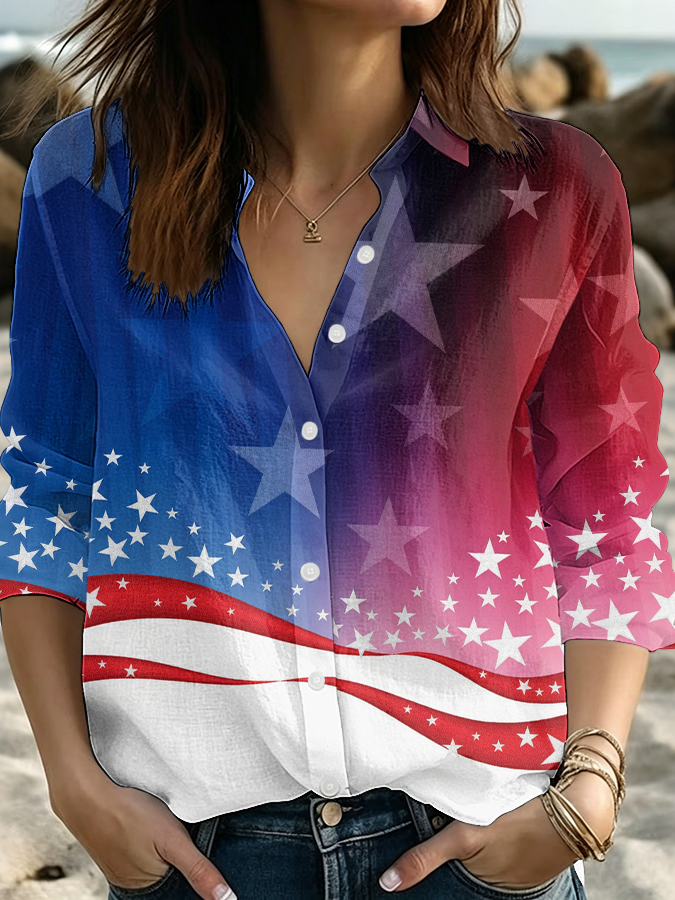 Women's American Flag Flower Independence Day Printed Casual Shirt