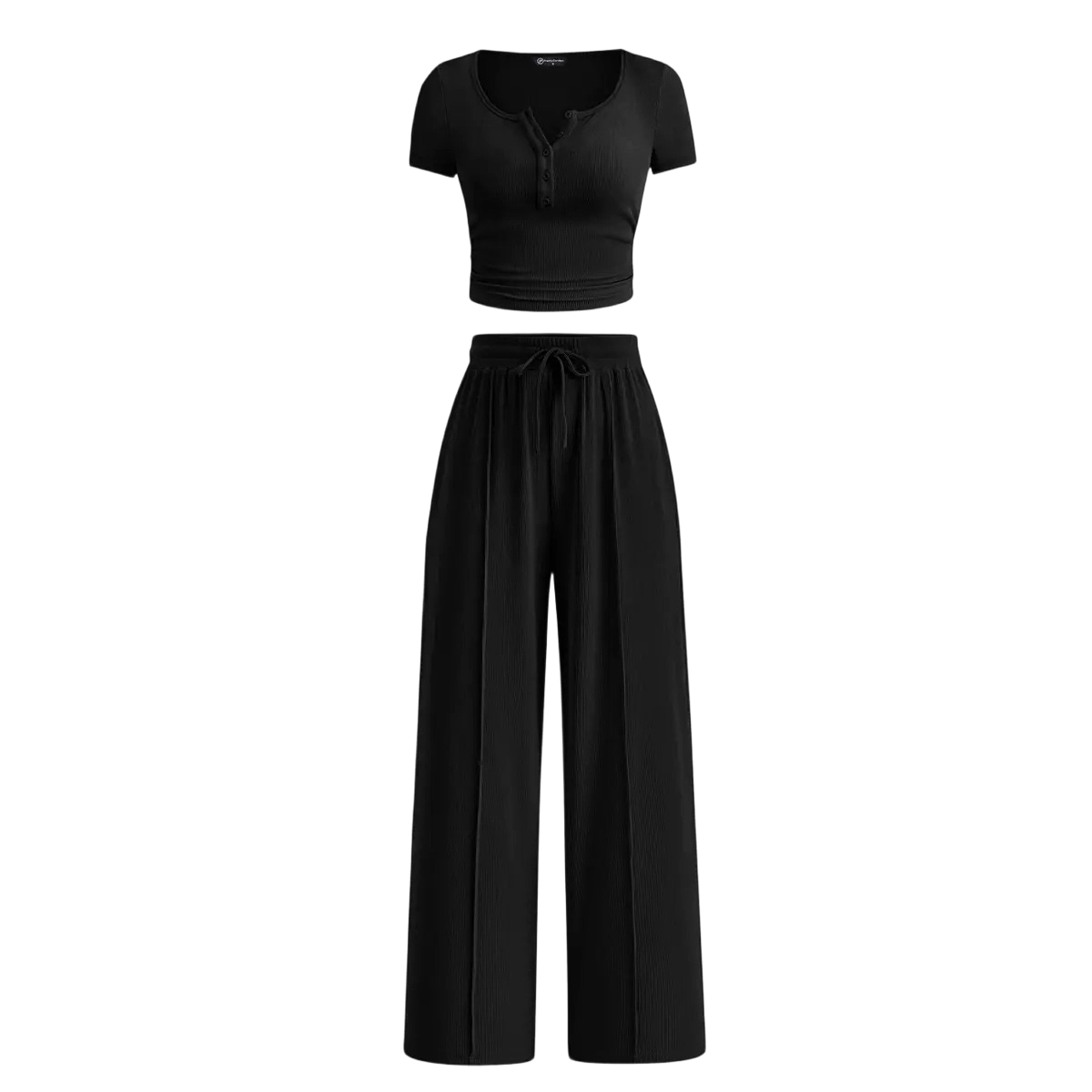 Women's 2-Piece Outfits Summer Ribbed Knit Button Short Sleeve Crop Slim Fit Tops & Wide Leg Pants Lounge Sets