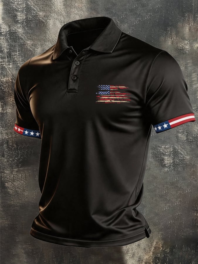 Men's Retro Patriotic Color-Block Short-Sleeve Polo Shirt