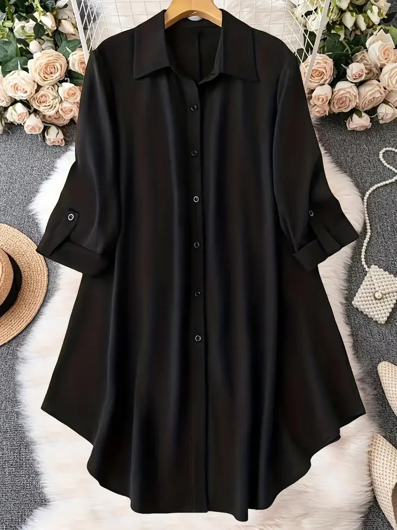 Women's Plus-Size Long Sleeve Button-Up Blouse – Elegant Collared Top for Spring & Fall Daily Wear
