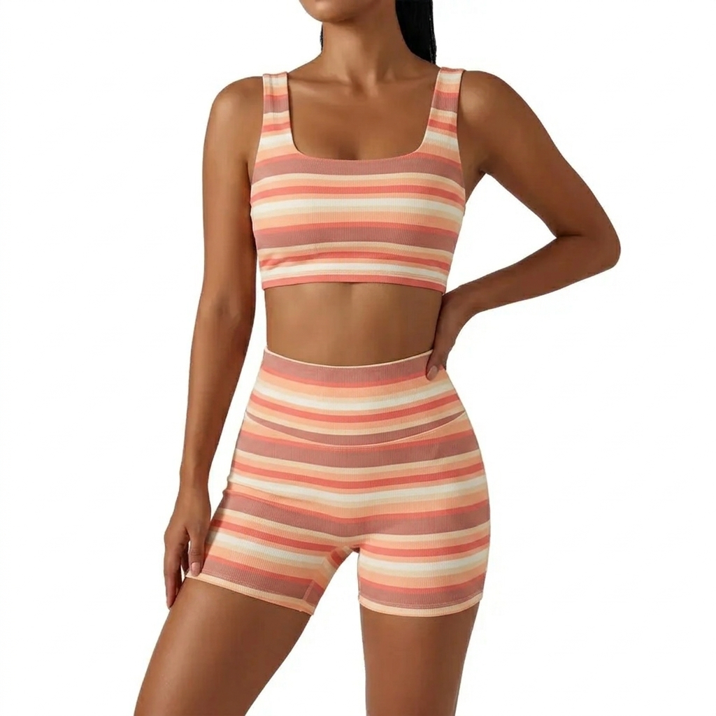 Women’s Rainbow Stripe 2 Piece Workout Set Sleeveless Crop Tank Top High Waist Biker Shorts Matching Lounge Outfit