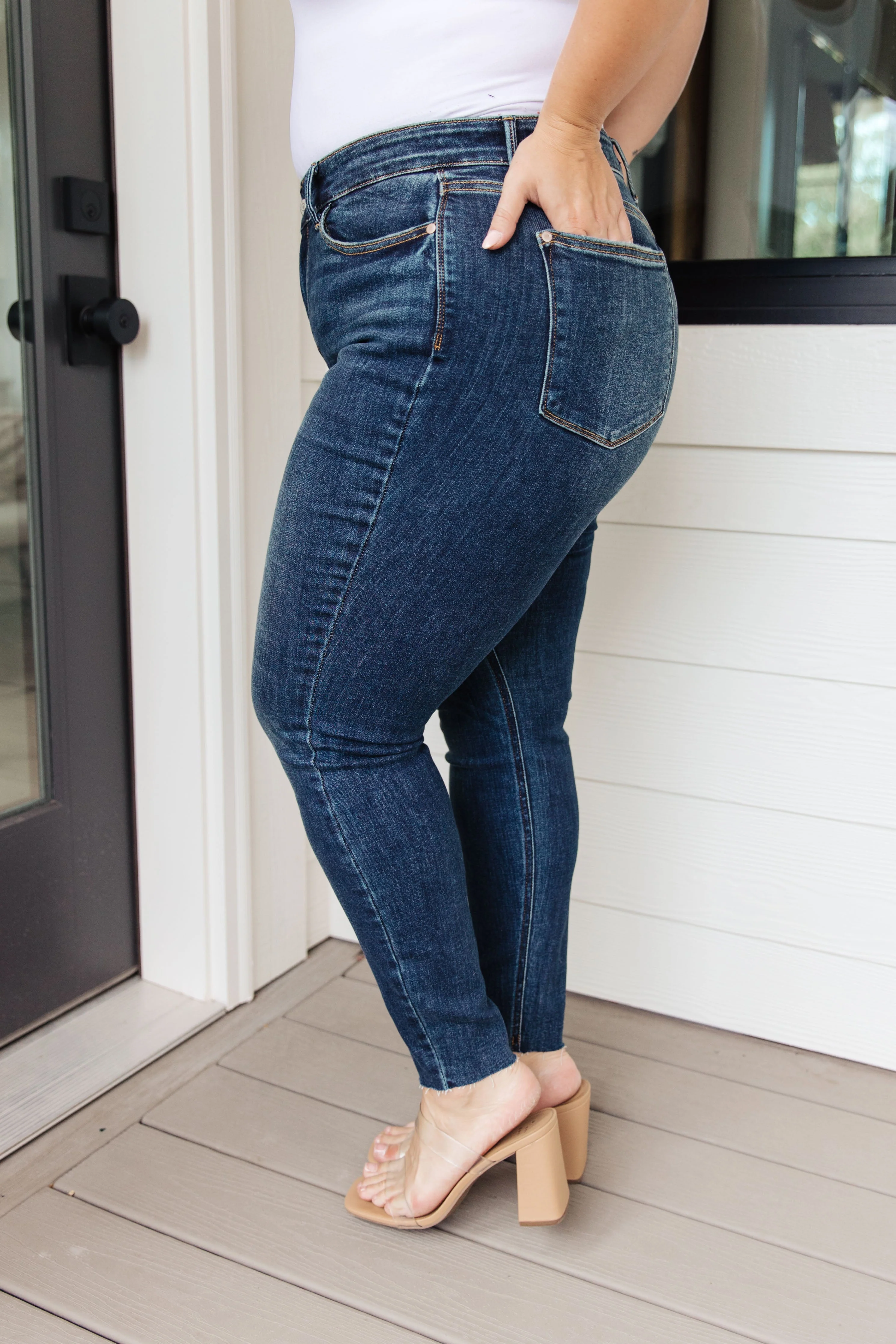 Blue Lydia Mid Rise Vintage Raw Hem Skinny Jeans