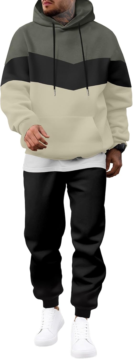 Men's Hoodie Tracksuit 2 Pieces Set Novelty Color Block Pullover Fleece Hoodies Long Sleeve Casual Sweatshirt