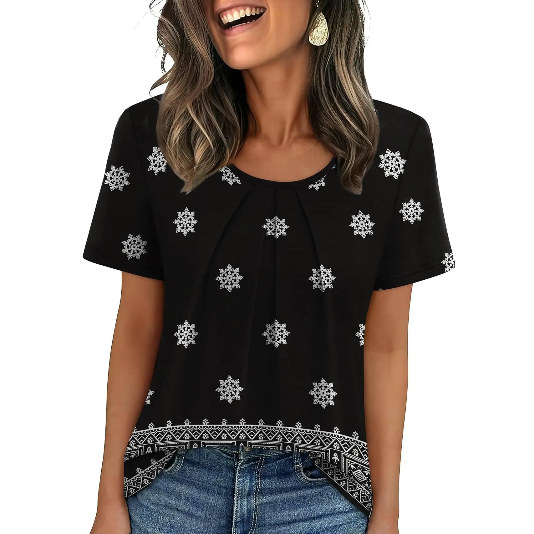 Women T Shirts Pleated Short Sleeve Tops Business Casual Dressy Blouses Crewneck Boho
