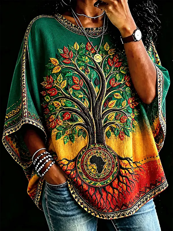 Women's African Tree Of Life Hippie Art Print Long Sleeve T-Shirt