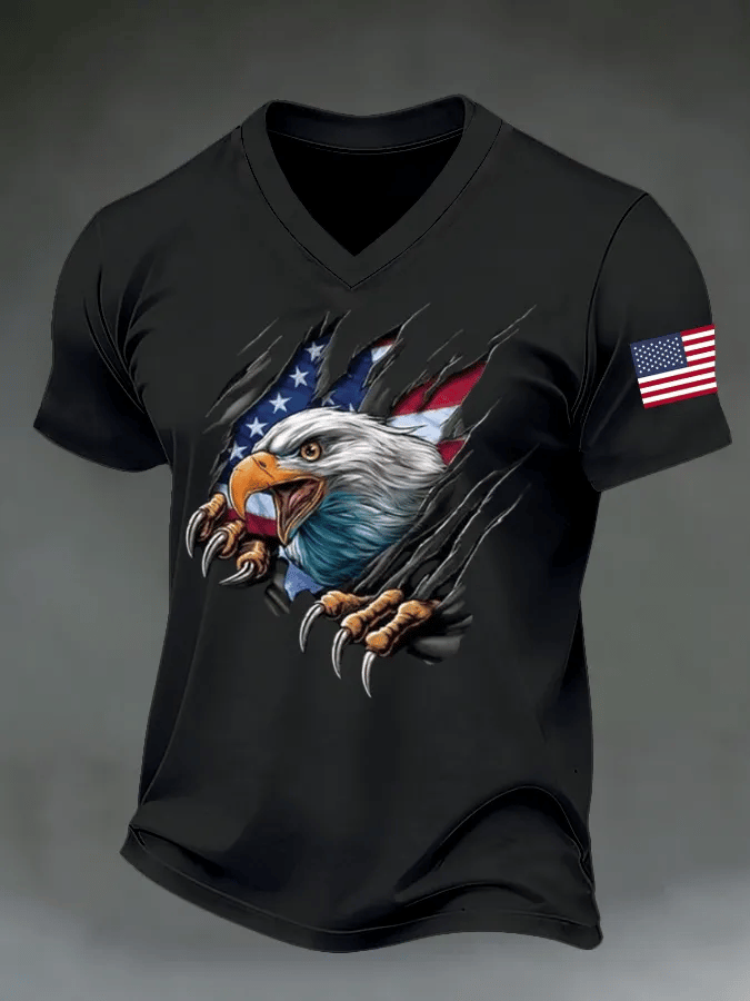Men's American Flag Printed Casual V-neck T-shirt