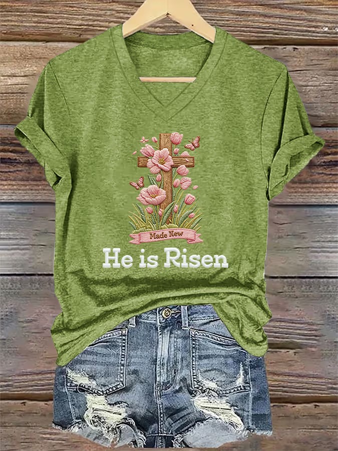 Women's He Is Risen Print V Neck T-shirt