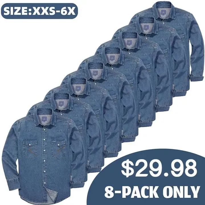 🔥🔥16-PACK-$38.8🔥Men's Long Sleeve Stone-Washed and Pre-Washed Denim Work Shirt