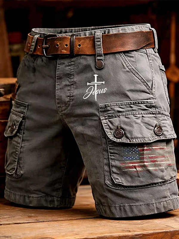 Men's American Flag Jesus Nail Cross Graphic Print Denim-Like Cargo Shorts