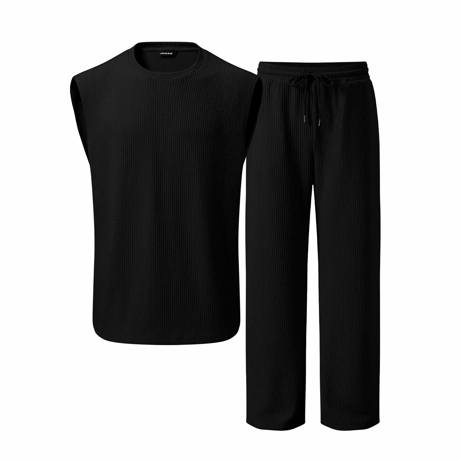 Men’s 2-Piece Ribbed Knit Sleeveless Sweatsuit Set – Summer Baggy Fit Tank & Wide Leg Pants