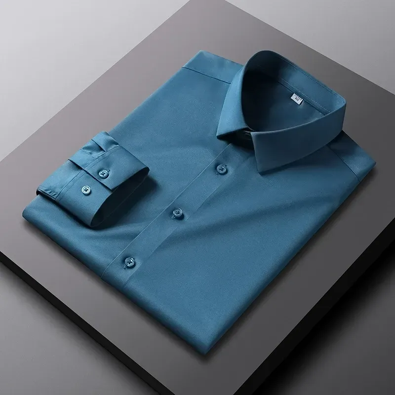 2025 New Elastic Silk White Shirt Men'S Long Sleeve Iron-Free Solid Color Breathable Casual Slim Business Men'S Shirt