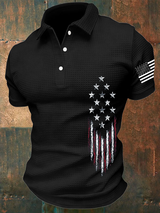 Men'S American Flag Independence Day Print Waffle Polo Shirt