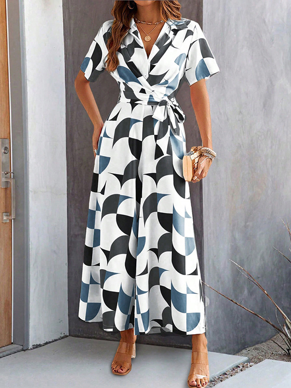 Buttoned Contrast Color Tied Waist High Waisted Loose V-Neck Jumpsuits
