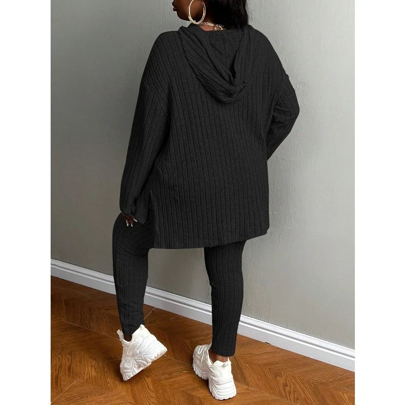 [Plus Size]Women's Two-Piece Set Solid Textured Ribbed Drop Shoulder Hoodie & Elastic Waist Pants, Casual Fashion Cozy Ribbed Outfits