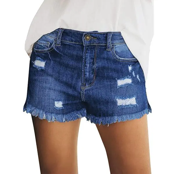 Women's Casual Mid Rise Denim Shorts Stretch Ripped Raw Hem Jean Shorts Basic Fitted Bottom for Summer
