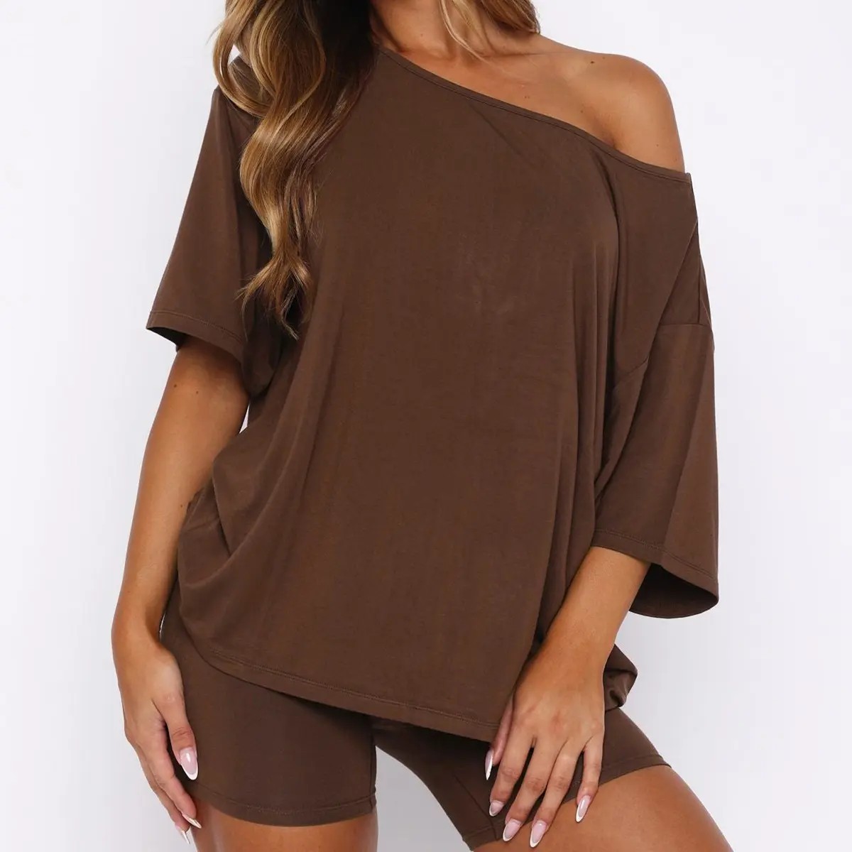 Women's Off Shoulder Lounge Set – Relaxed Top & Fitted Shorts 2-Piece Pajama Set