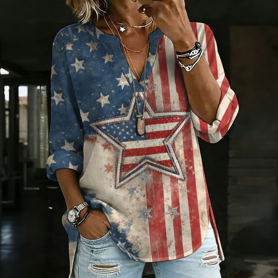 Women'S Independence Day Patriotic American Flag 250Th Anniversary Casual Cotton And Hemp Top