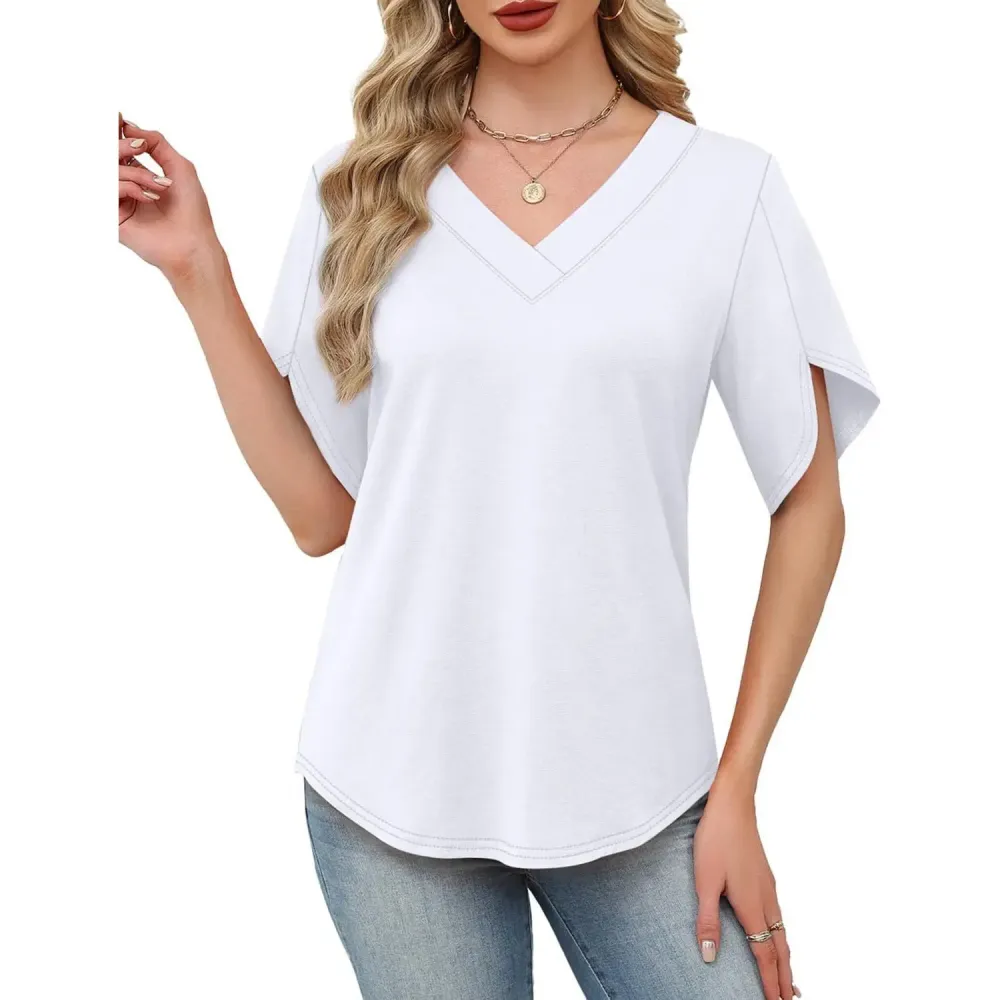 Womens Short Sleeve V Neck Dolman Tops with Side Shirring Loose Fit Shirts