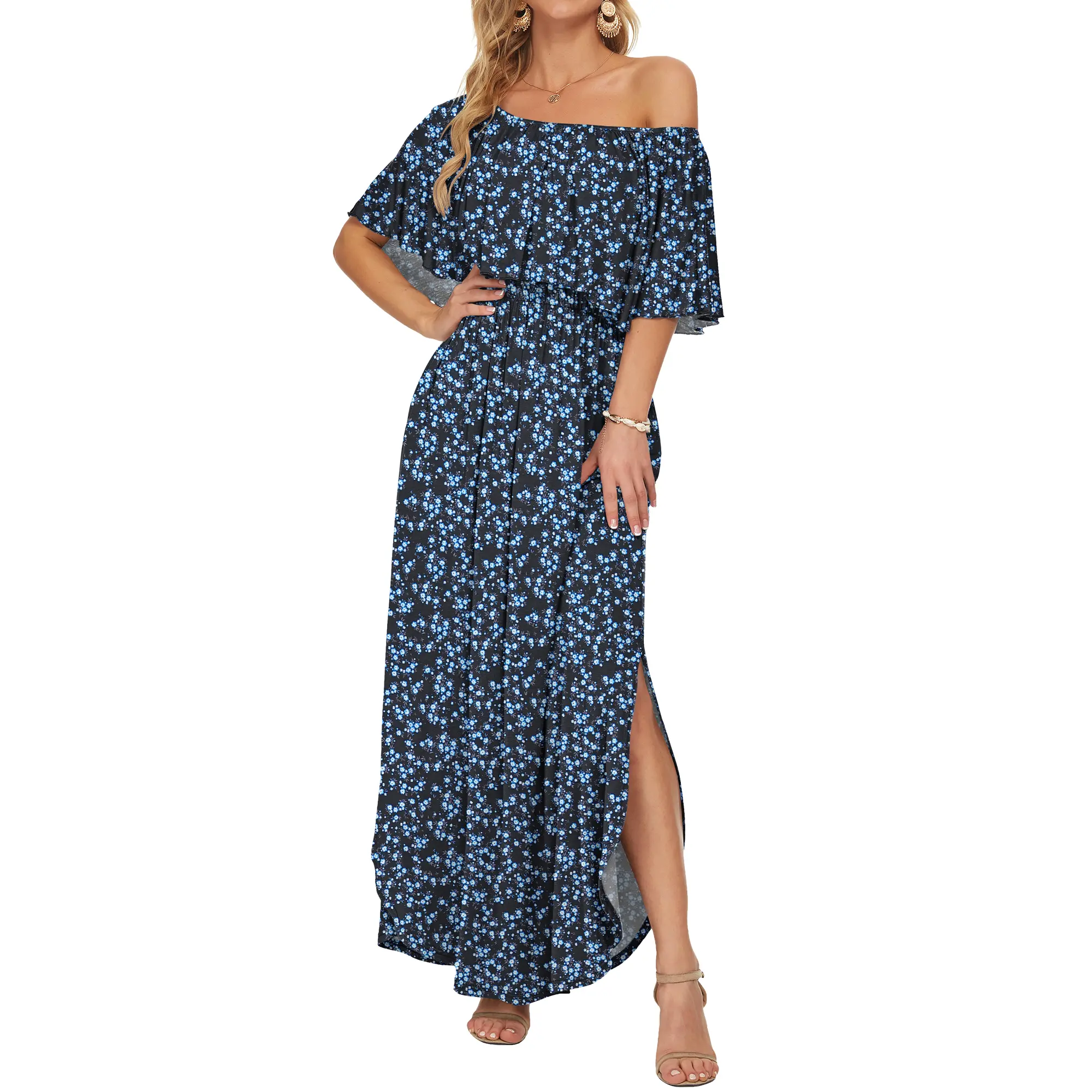 Womens Off The Shoulder Dress Wedding Guest Dress Summer Casual Long Ruffle Party Side Split Beach Maxi Dresses with Pockets