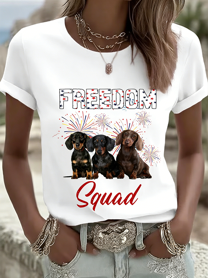 Ladies' Casual American Flag Printed Round Neck Short Sleeved T-Shirt