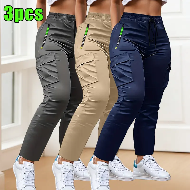 3-Pack women's multi-pocket thin overalls, four-season drawstring fashion pull-pocket design straight casual trousers