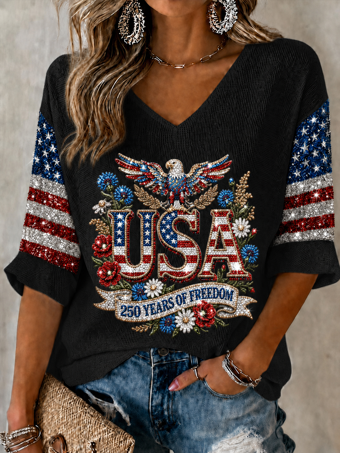 Women'S Retro Independence Day Art Printed Casual T-Shirt