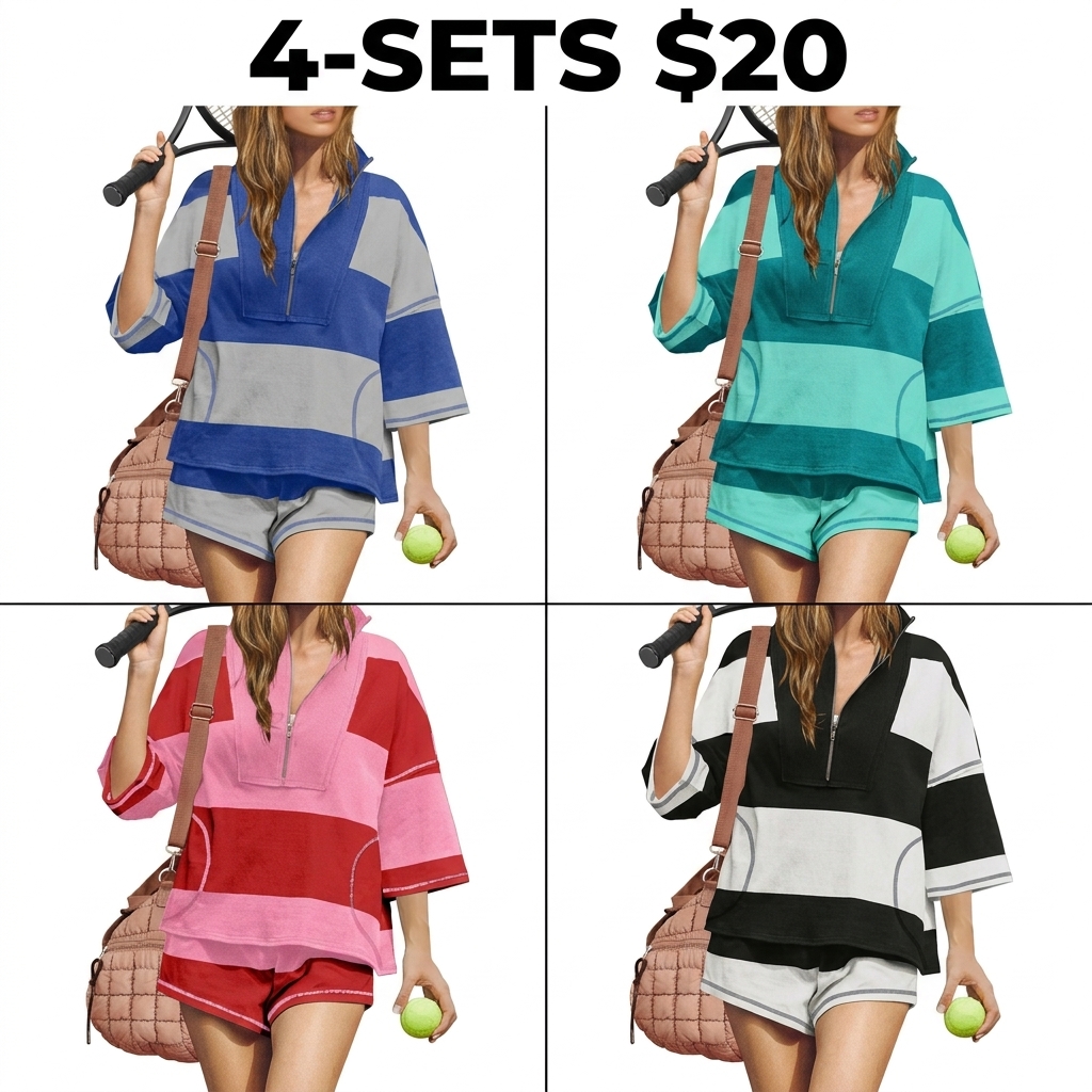 Women Striped Workout Set Two Piece Outfit Tracksuit Oversized Lounge Set Top and Shorts Sets with Pockets