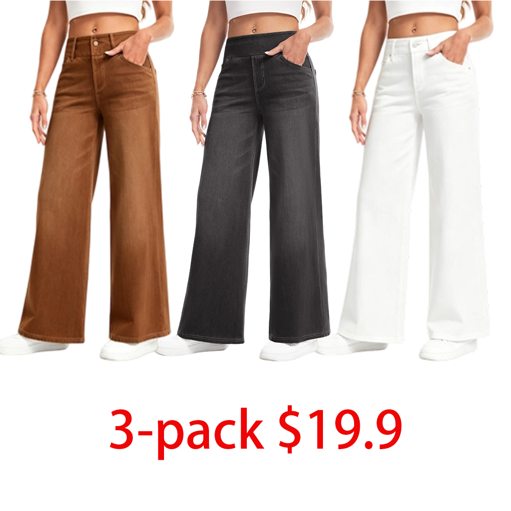 Women's Wide Leg Stretchy Jeans – Elastic High Waist Pull On Baggy Tummy Control Trousers for Casual Work Wear
