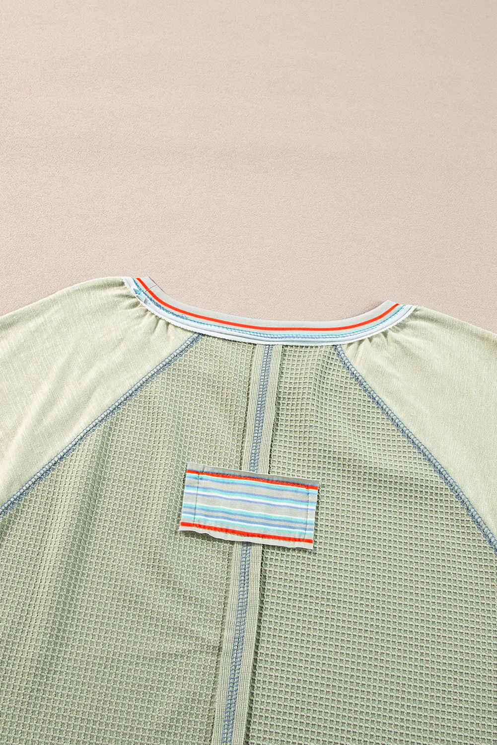 Meadow Mist Waffle Knit Wide Bracelet Sleeve Patchwork Raglan Top