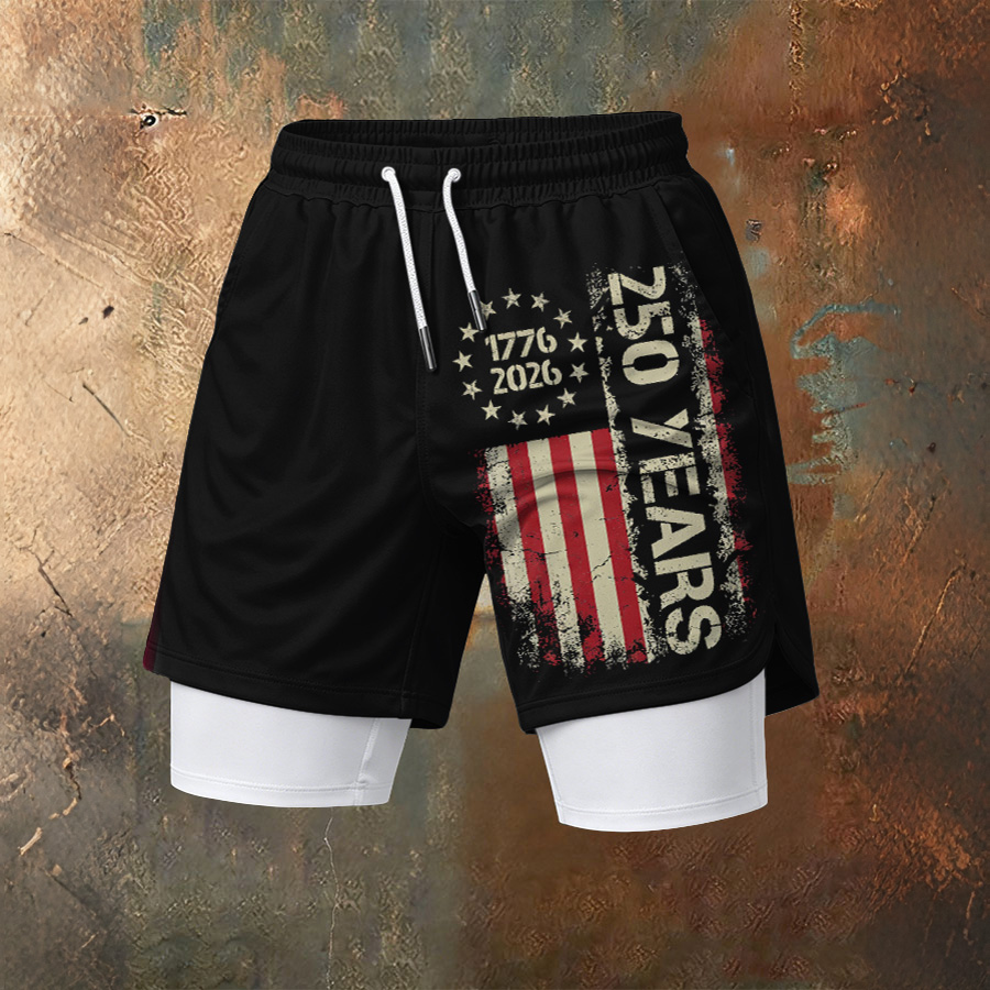 Men'S Independence Day Founding Celebration Printed Pattern Slim Fit Double Layer Sports Elastic Belt Quick Drying Breathable Shorts