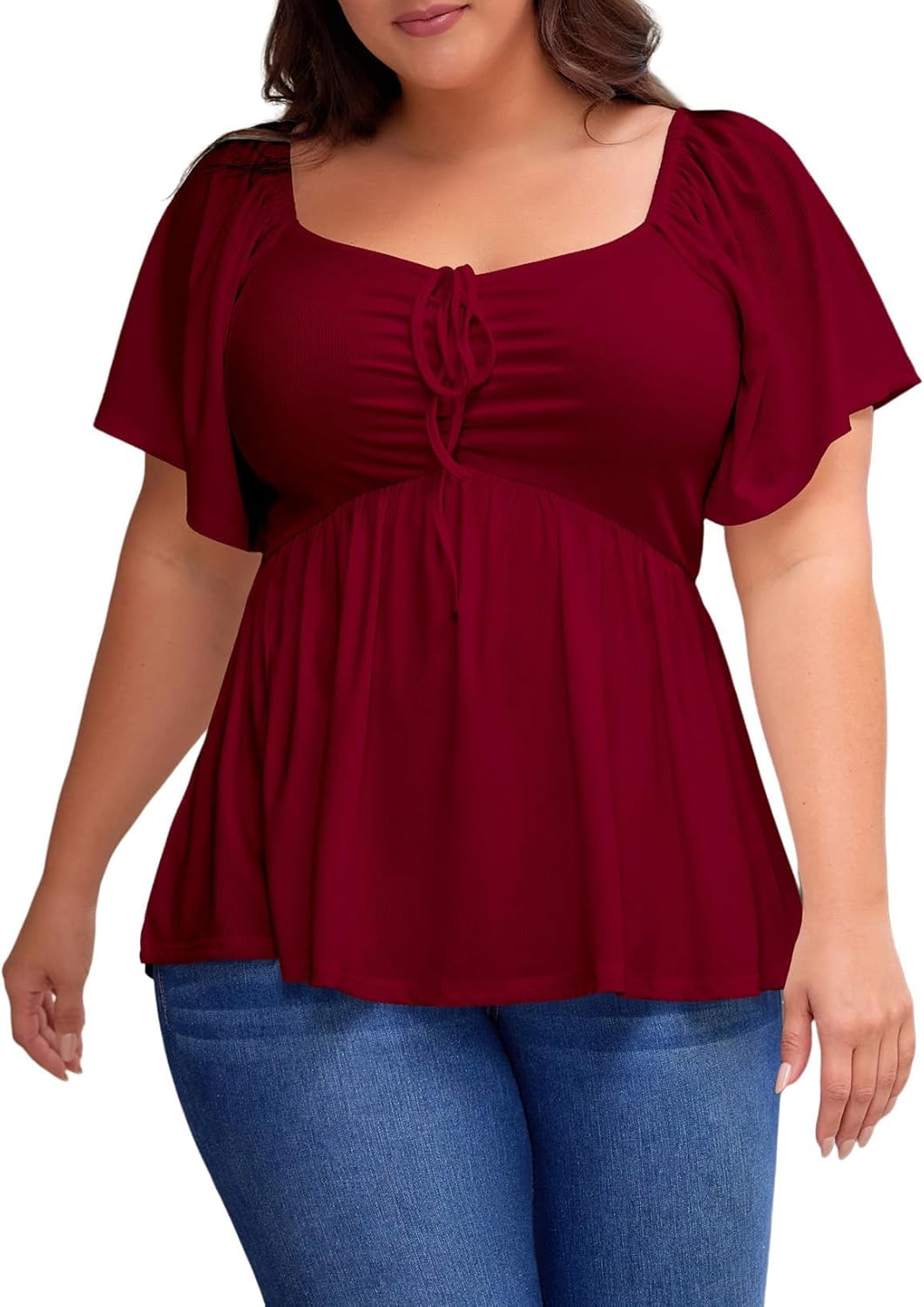 Womens Plus Size Tops Short Sleeve Sweetheart Neck Shirred Peplum Blouse Shirts