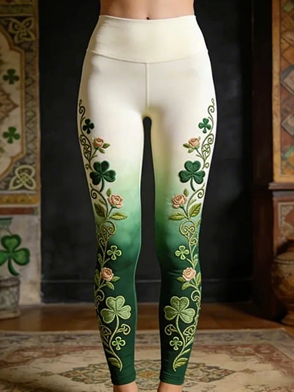 Women's St Patrick's Day Vine Clover Gradient Print Casual Leggings