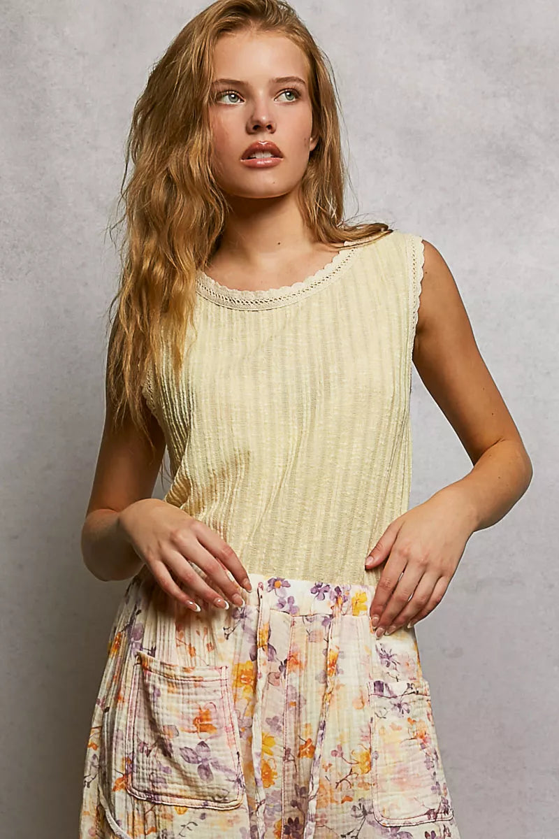 POL Ribbed Round Neck Tank with Lace Trim
