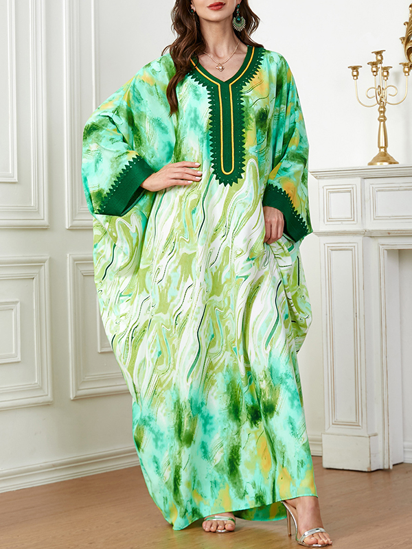 Contrast Color Muslim Printed Split-Joint Batwing Sleeves Loose V-Neck Muslim Abaya Maxi Dresses