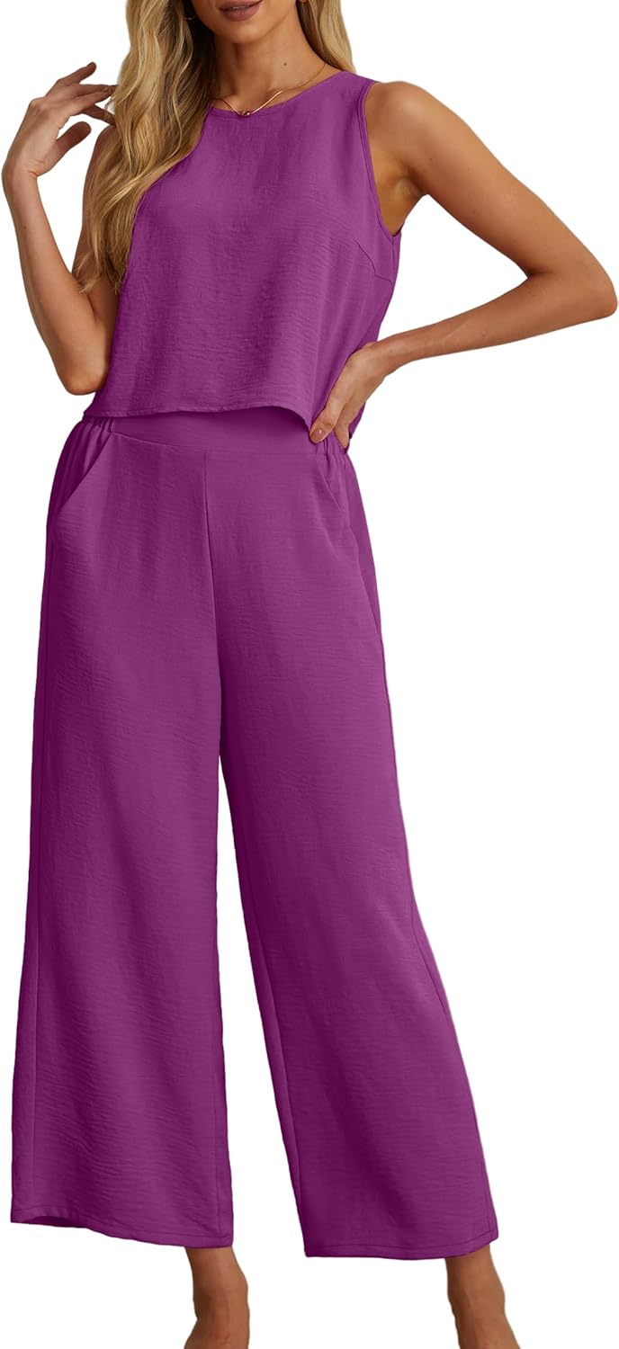 Women's Summer 2 Piece Outfits Set Round neck Sleeveless Tank Crop Top Wide Leg pants Set Pockets Jumpsuits
