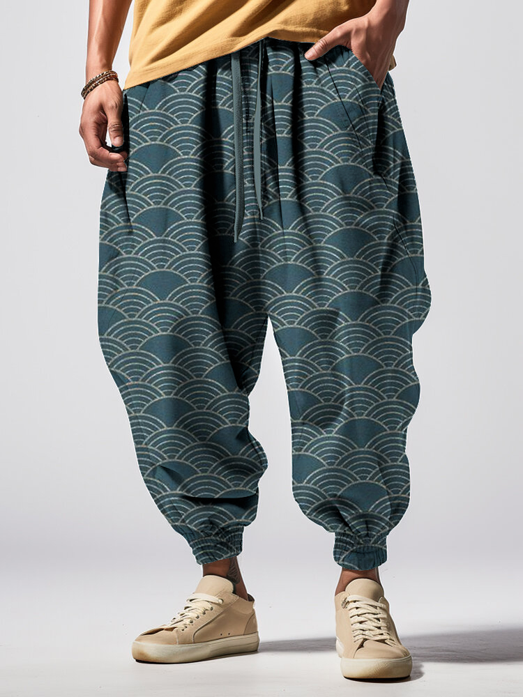 Men's Wave Art Print Casual Loose Sweatpants
