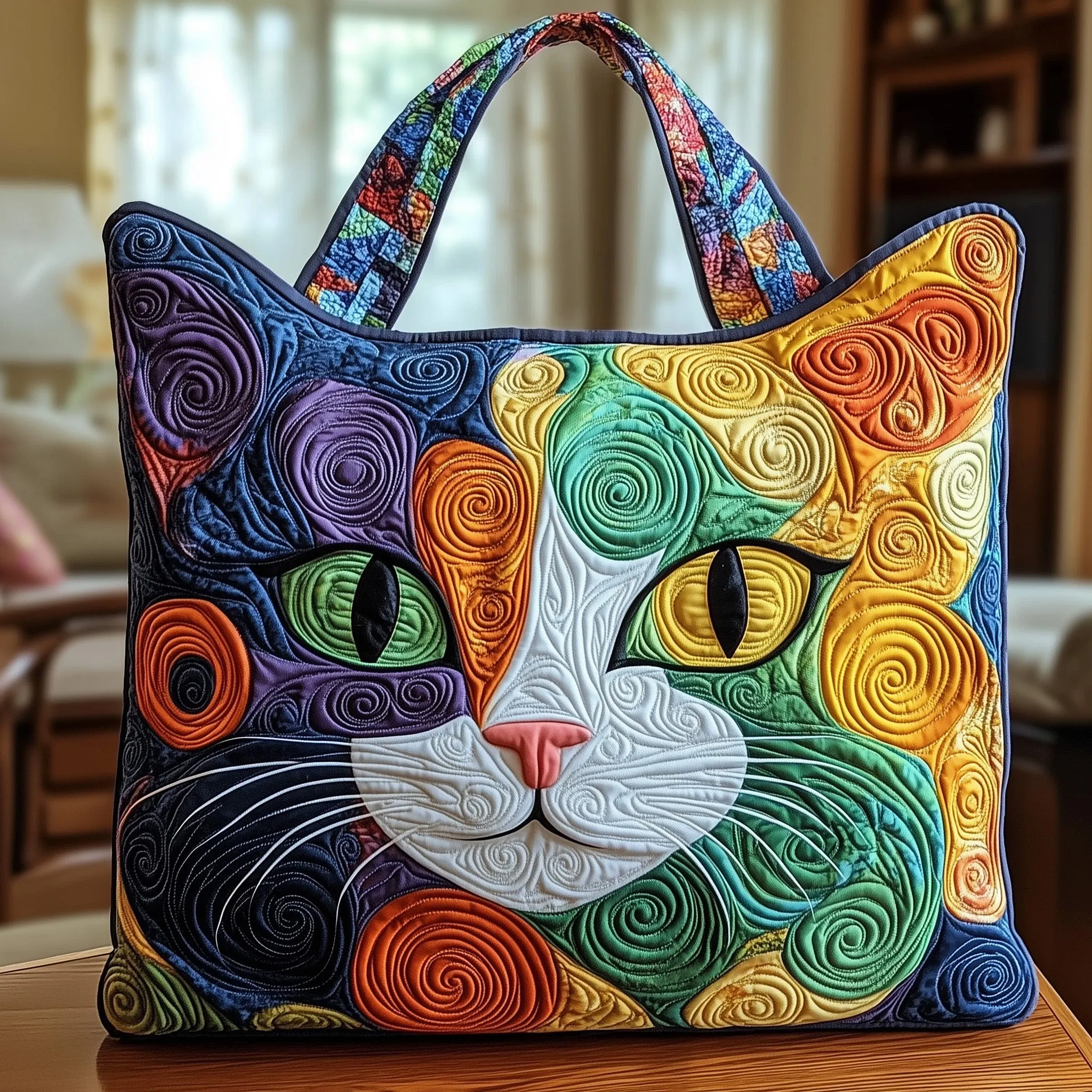 Whimsical Quilted Cat Tote Bag – Colorful Artistic Handcrafted Style for Cat Lovers 🐱🎨
