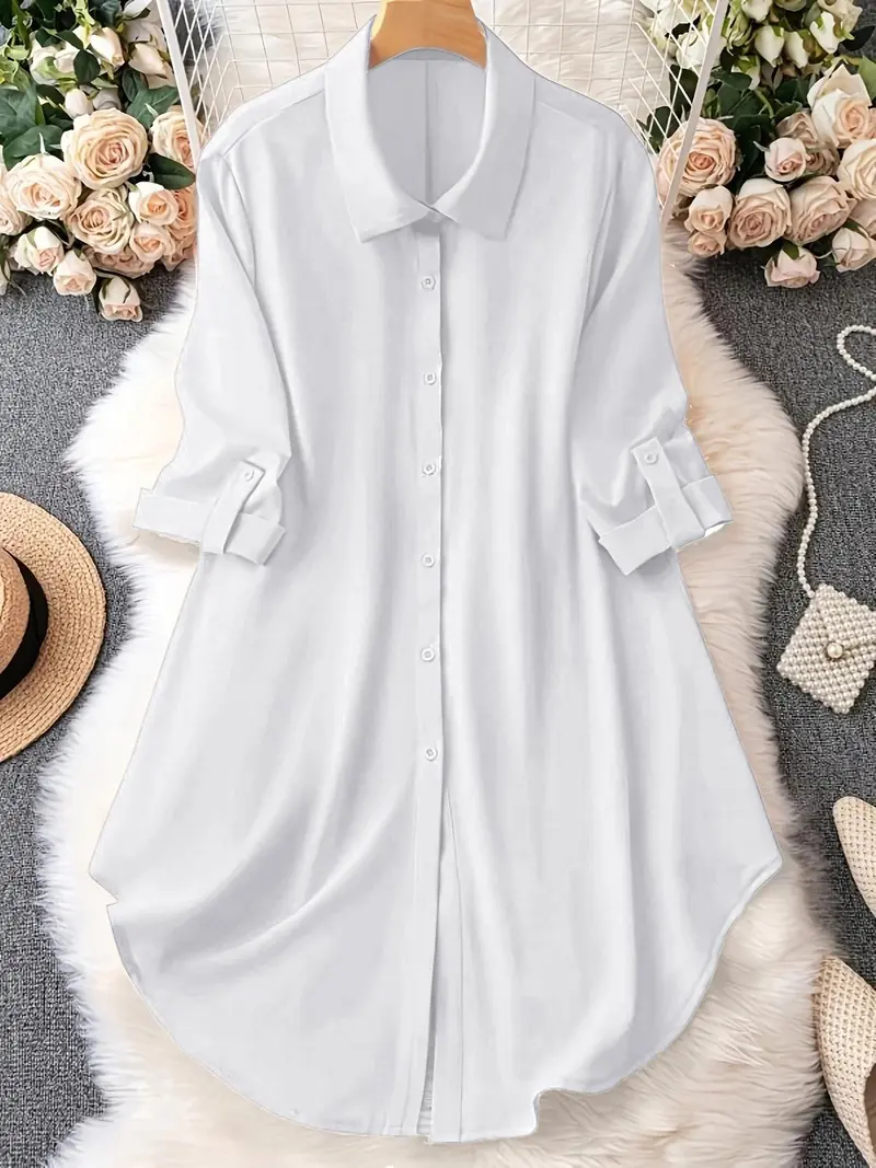 Women's Plus-Size Long Sleeve Button-Up Blouse – Elegant Collared Top for Spring & Fall Daily Wear