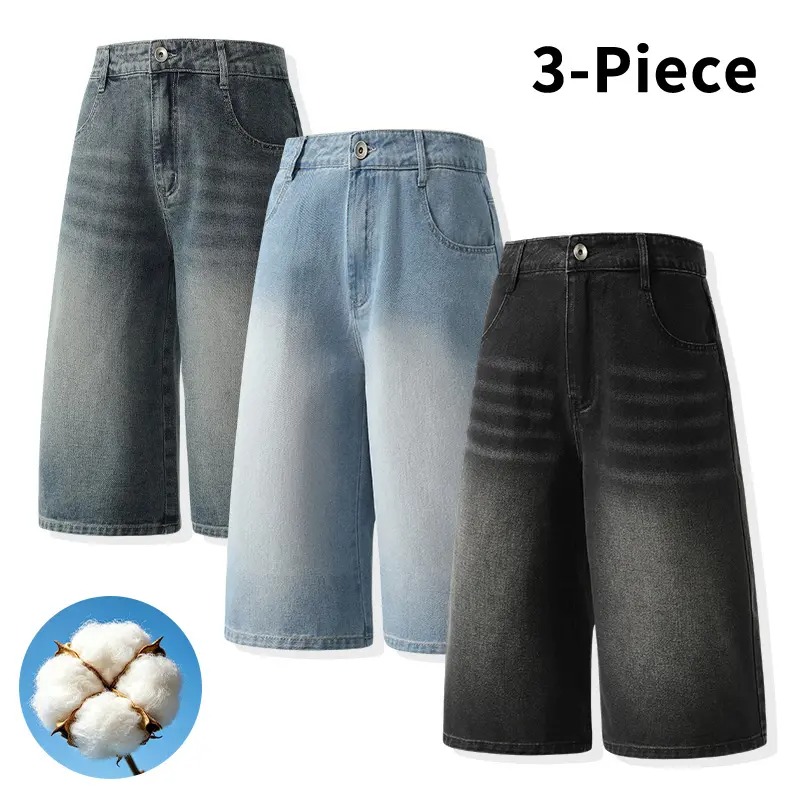 Men’s 3-Piece Vintage Washed Wide-Leg Denim Shorts Set