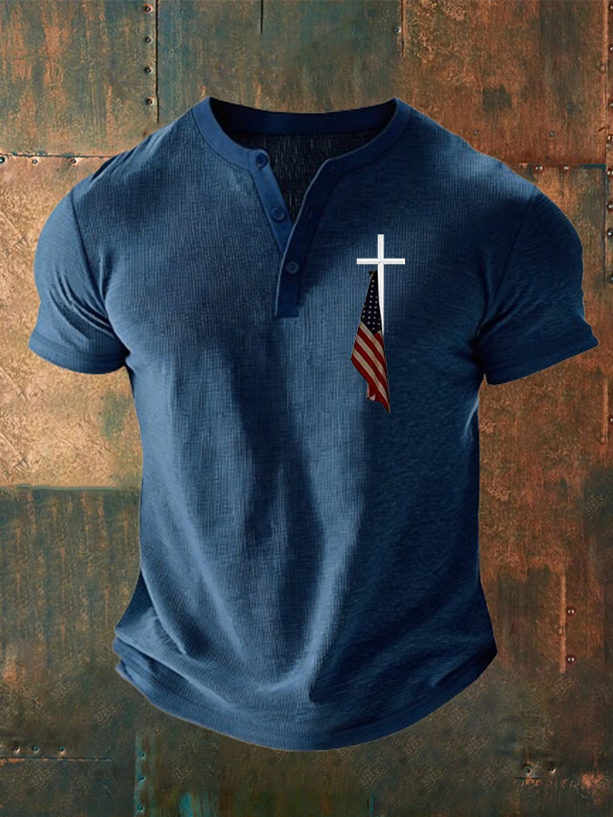 Women's Faith Cross American Flag Printed Waffle Top
