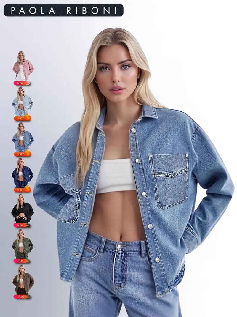 Women's Plain Drop Shoulder Denim Jacket, Casual Outerwear With Pockets For All Seasons