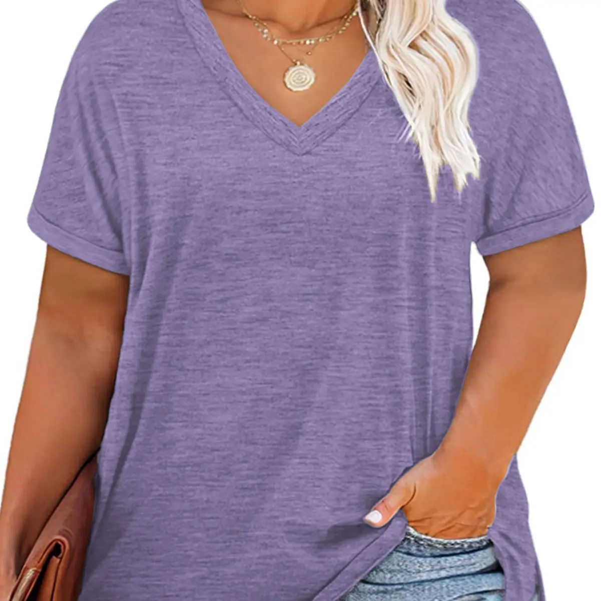 Women's Plus-Size V-Neck Short-Sleeve T-Shirt — Casual, Loose-Fit Summer Top — Soft, Breathable Basic Tee