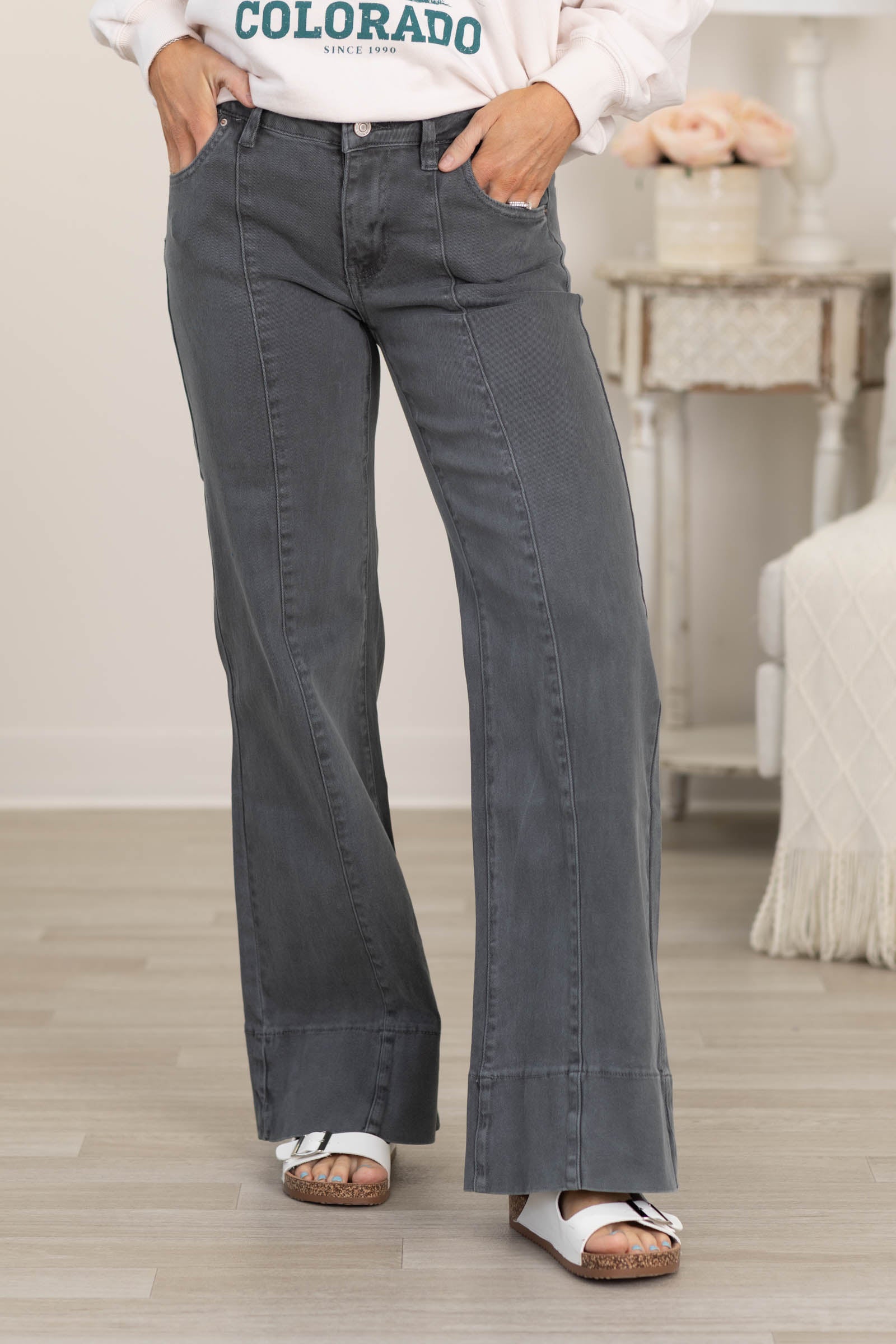 Mid Rise Wide Leg Color Denim Pants
