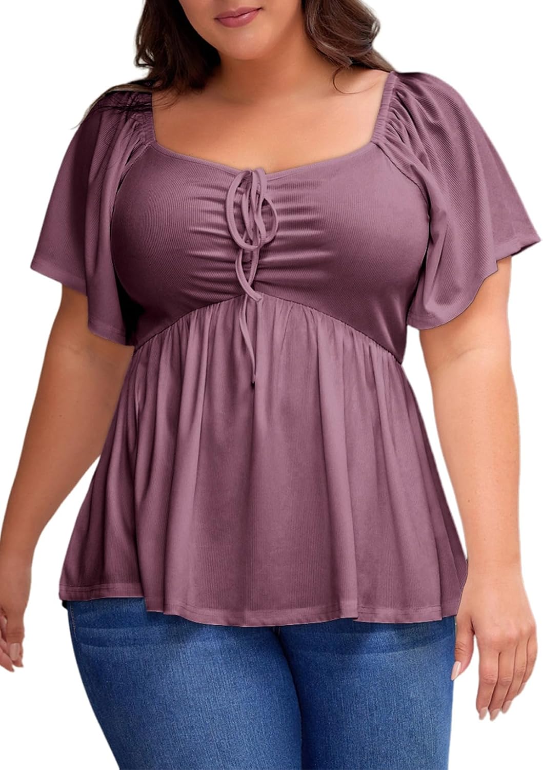 Womens Plus Size Tops Short Sleeve Sweetheart Neck Shirred Peplum Blouse Shirts