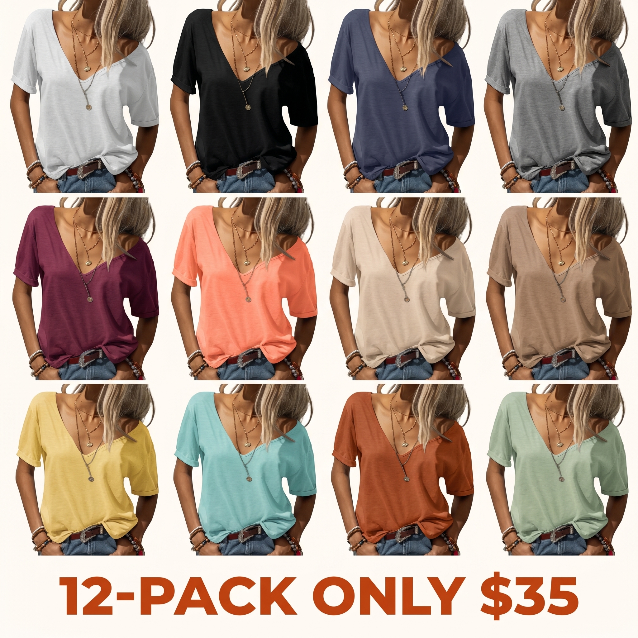Women's Fashion Deep V-Neck Short Sleeve Tops Solid Casual Loose Basic T Shirt